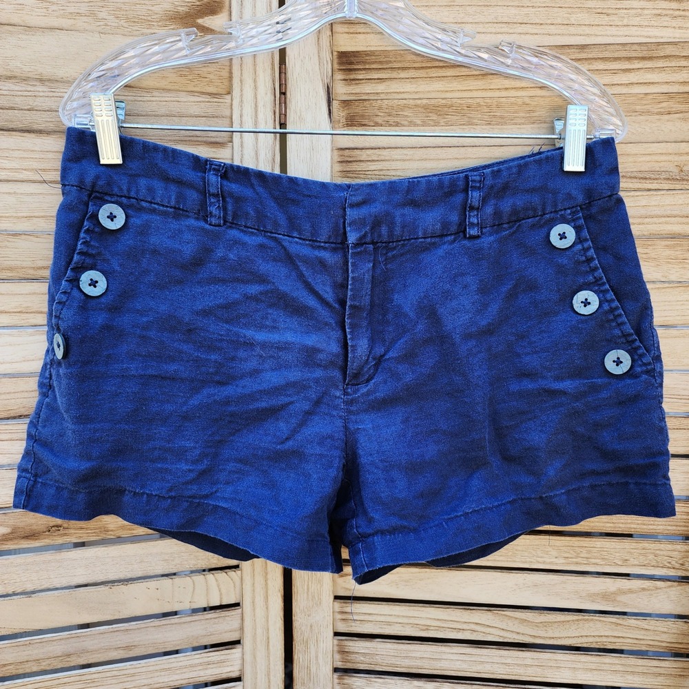 Cynthia Rowley 100% Linen Sz 6 SMALL Navy Blue Sailor Shorts Coastal Preppy
